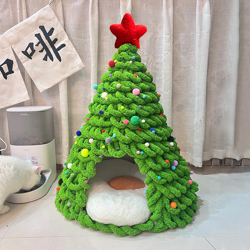 圣诞树猫窝手工diy材料包自制窝猫尾巴毛线圣诞节狗窝冬天保暖
