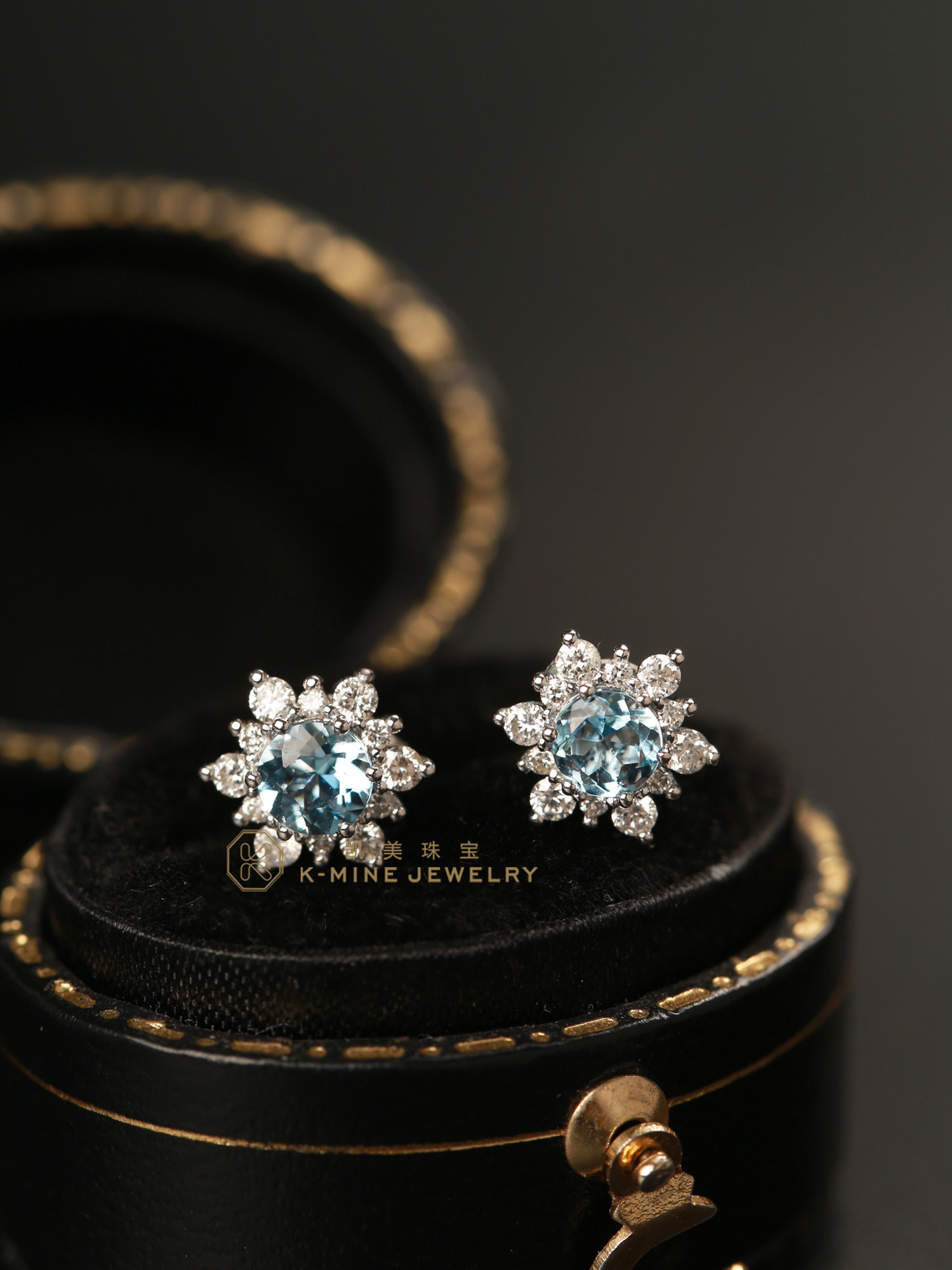 正品纯18K白黄金天然圆形海蓝宝雪花钻石耳钉环坠饰女新品带证书