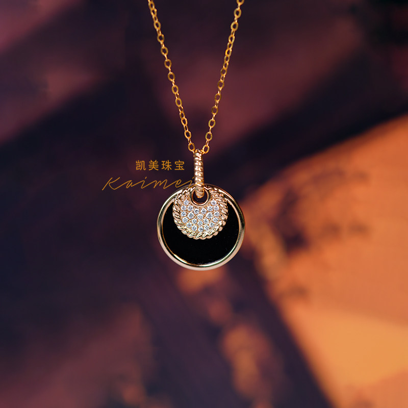 凯美珠宝 18K金黑玛瑙复古风项链男女同款 轻奢镶钻吊坠 生日礼物