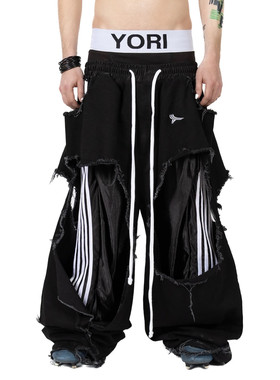 YORI SPORT /Tattered Double-Layer Basketball Denim拼接牛仔裤