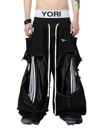 YORI SPORT /Tattered Double-Layer Basketball Denim拼接牛仔裤