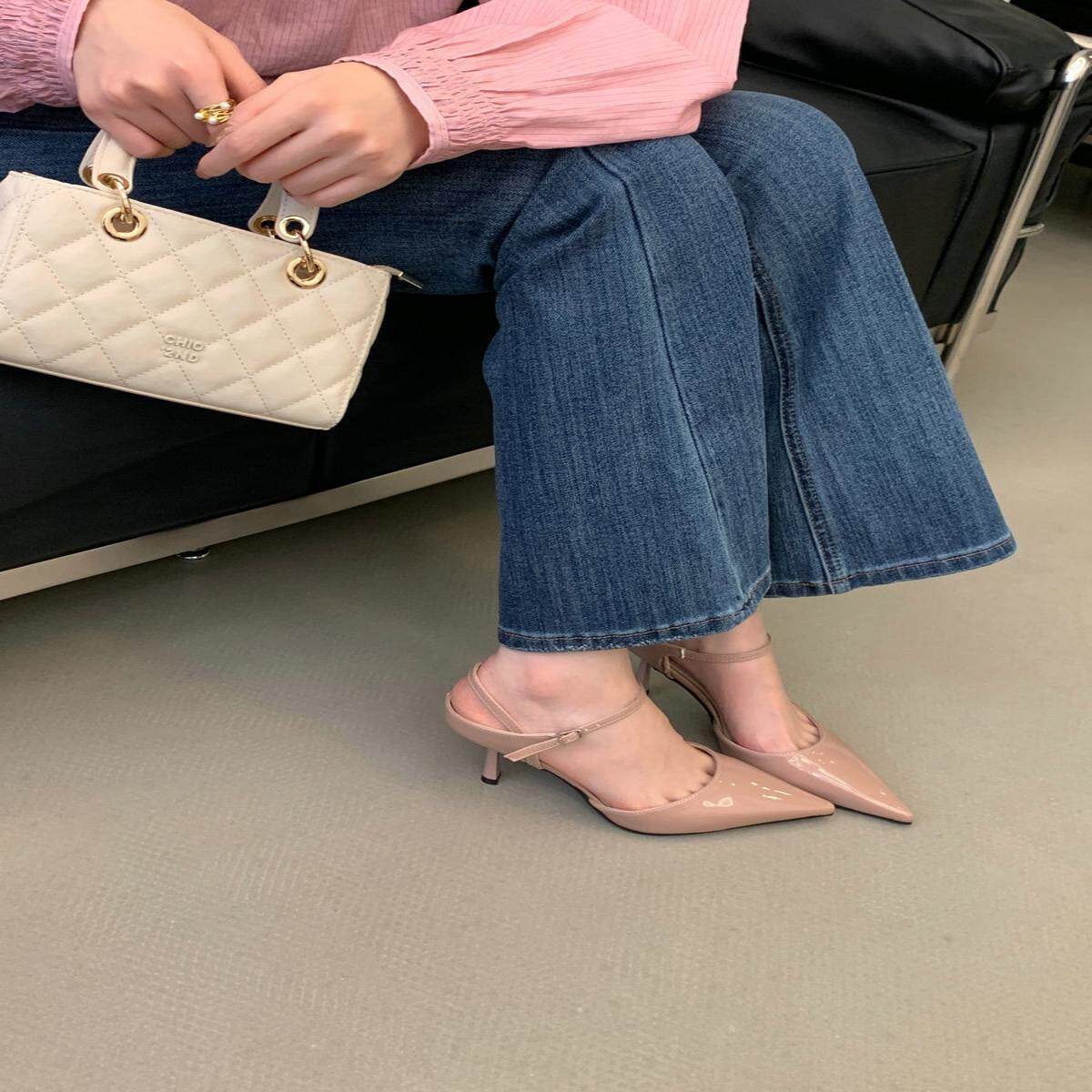 温柔裸粉色尖头细跟凉鞋女 漆皮一字扣带显脚白通勤约会高跟鞋