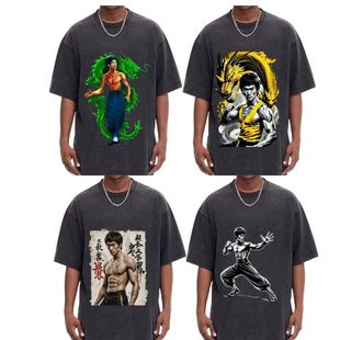 夏季美式复古蜡染时尚3D个性李小龙宽松大码个性吸汗纯棉短袖T恤