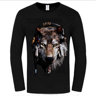 秋装3D个性印第安狼头潮新款宽松大码男士全棉休闲长袖T恤打底衫