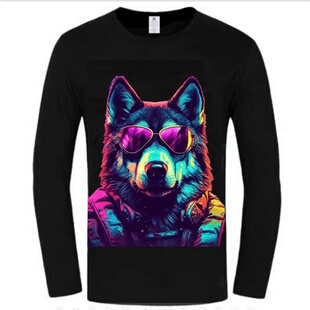 秋装3D个性墨镜狼头潮牌新款宽松大码男士全棉休闲长袖T恤打底衫