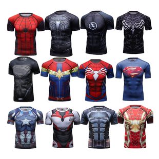 复仇者美队超人蜘蛛侠钢铁侠运动健身高弹塑身速干紧身短袖T恤男