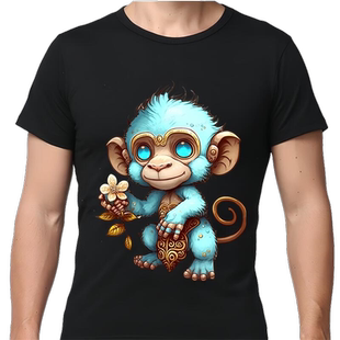 夏油彩精灵猴子全棉短袖t恤个性宽松大码风男子时尚潮流休闲服装