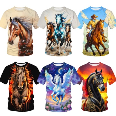 夏3D马儿冰丝高弹短袖T恤衫