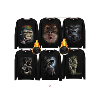 秋款男装3D印花独行狼个性潮宽松加绒加厚全棉长袖卫衣衬衫保暖衣