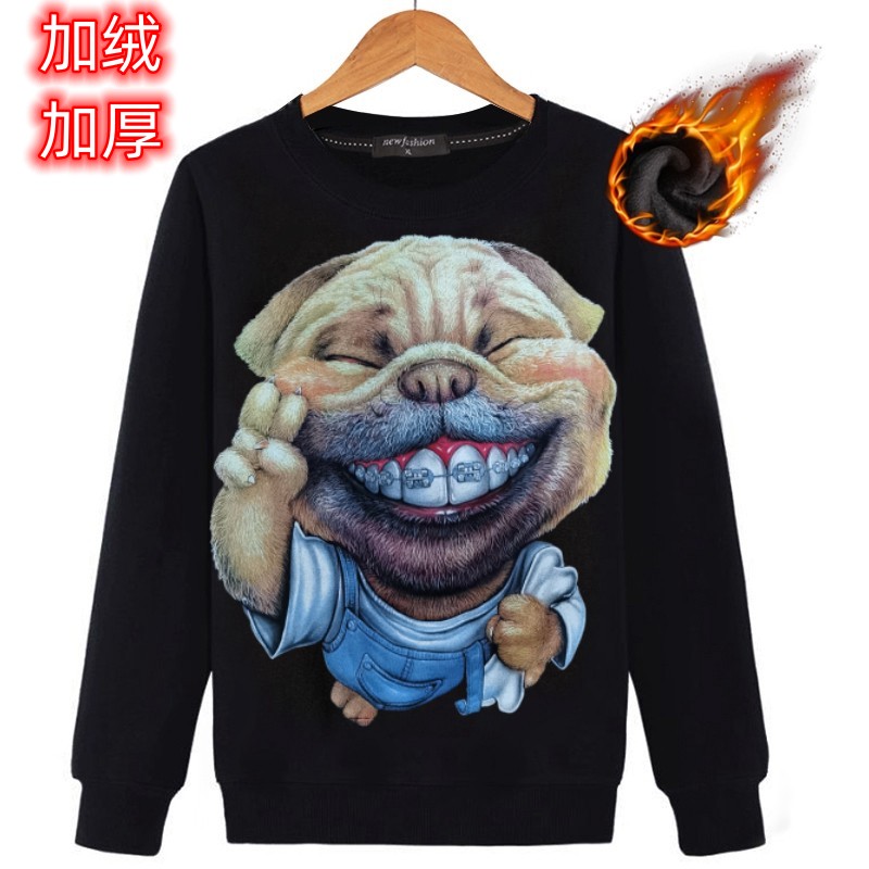 秋款男士个性3D立体图案狗工人宽松加绒加厚长袖卫衣衬衫保暖衣