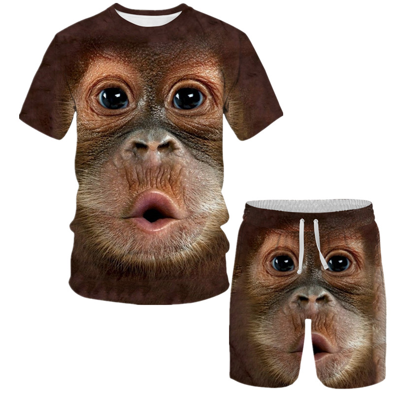 3D效果搞笑猩猩冰丝短袖中裤套装