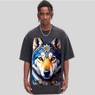 夏季美式复古做旧洗时尚3D个性狼精灵宽松大码100%纯棉短袖T恤