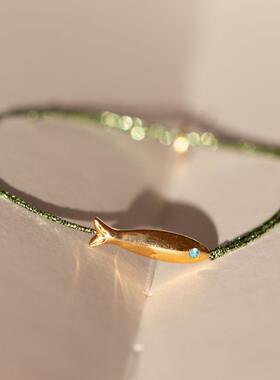 法国小众Sophie Deschamps 镀金小鱼锆石带闪绿色手绳手链