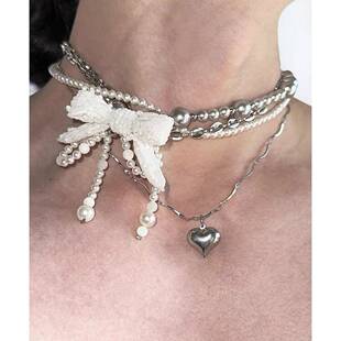 原创设计 「无序的」蝴蝶结珍珠钛钢项炼重工多层choker