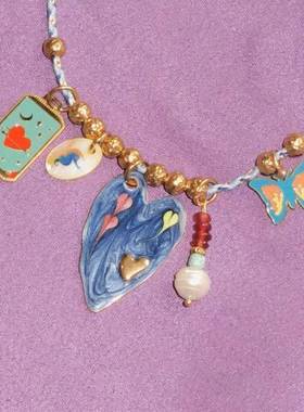 in博主的相同风格的美国嬉皮彩色垂坠编织绳项炼小众设计锁骨炼颈