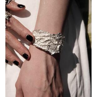 马铃薯原创小众设计师纯手工银不对称宽重工业纹理手镯