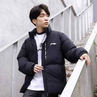 李宁短款棉服男子冬季立领加厚防风黑色保暖运动训练羽绒棉服上衣