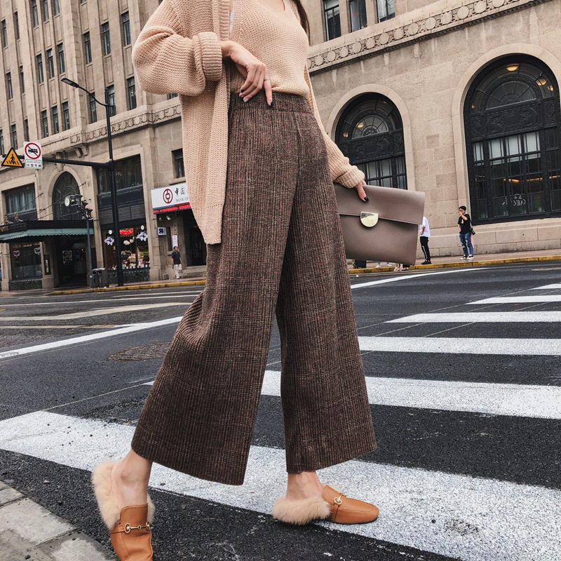 毛呢阔腿裤女秋冬加绒宽松高腰加厚春秋垂感针织格子裤直筒小个子