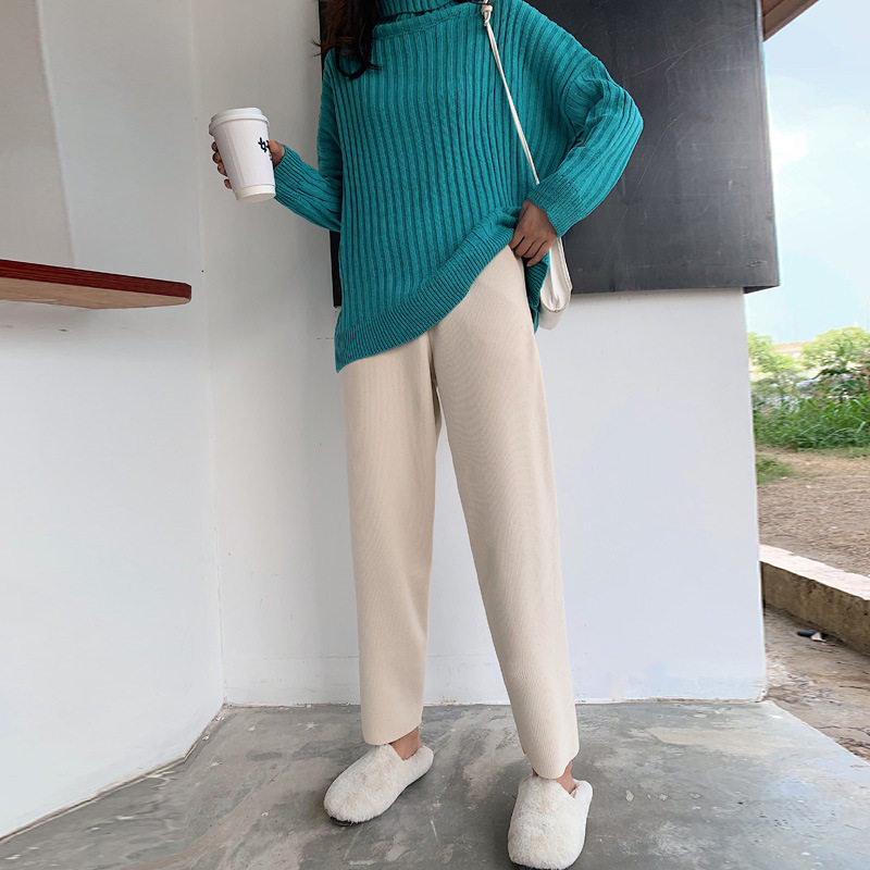 针织裤子女2019秋冬网红休闲奶奶裤直筒萝卜裤高腰老爹毛呢哈伦裤