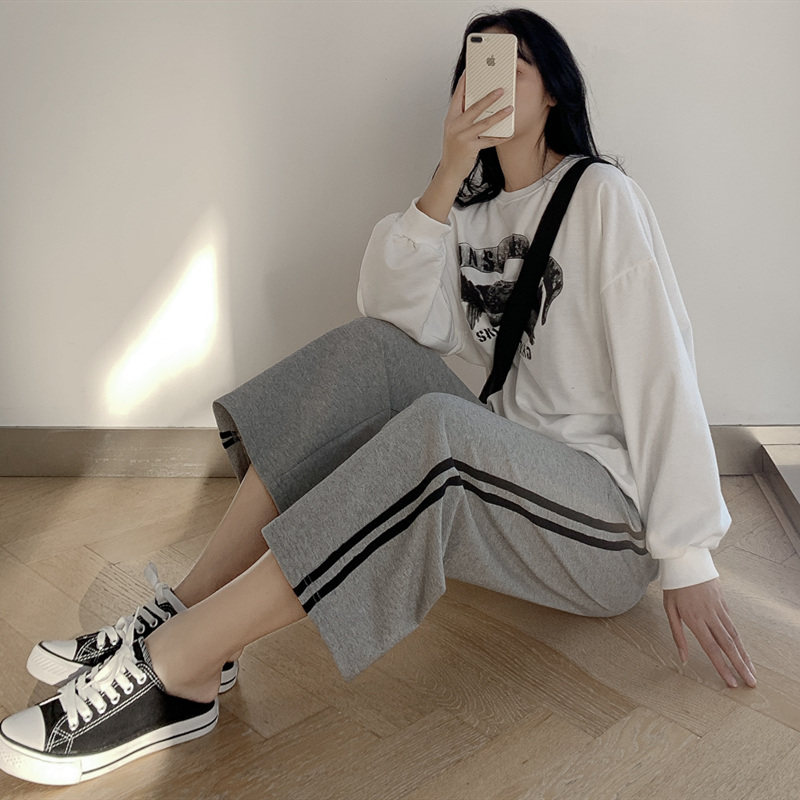灰色阔腿裤女春季新款高腰垂感宽松直筒运动裤秋冬矮个子网红裤子