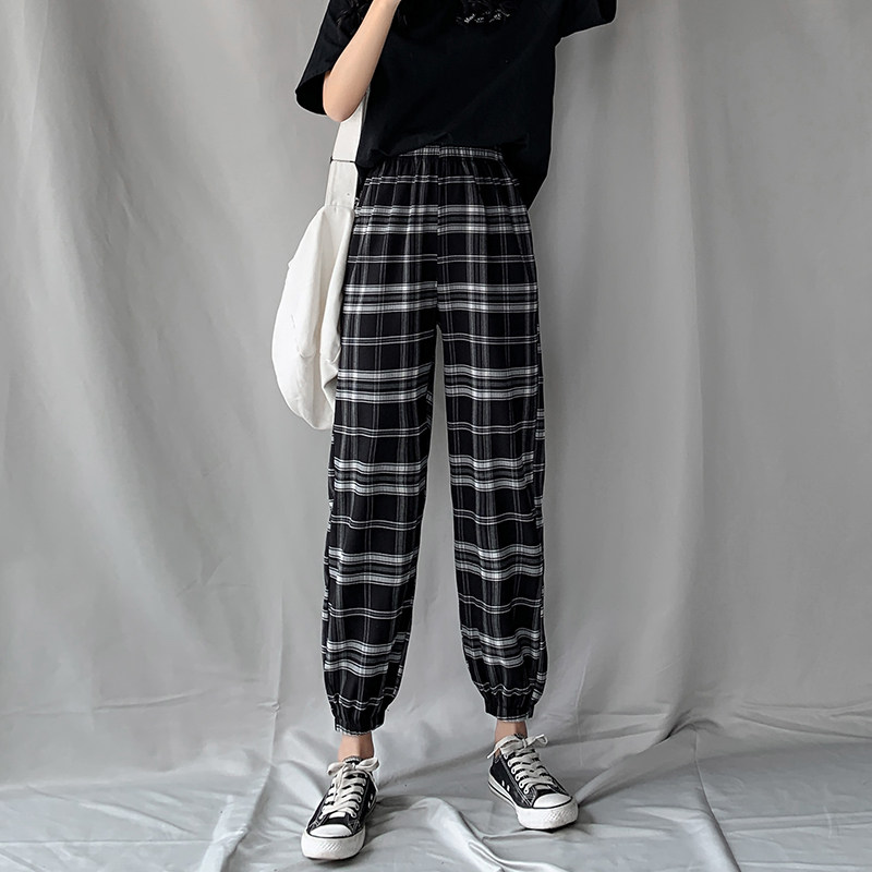 哈伦裤女夏季薄款高腰垂感2020新款宽松束脚萝卜裤百搭显瘦格子裤