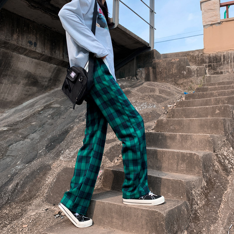 绿色格子女宽松直筒2020秋季新款韩版学生显瘦百搭高腰垂感拖地裤