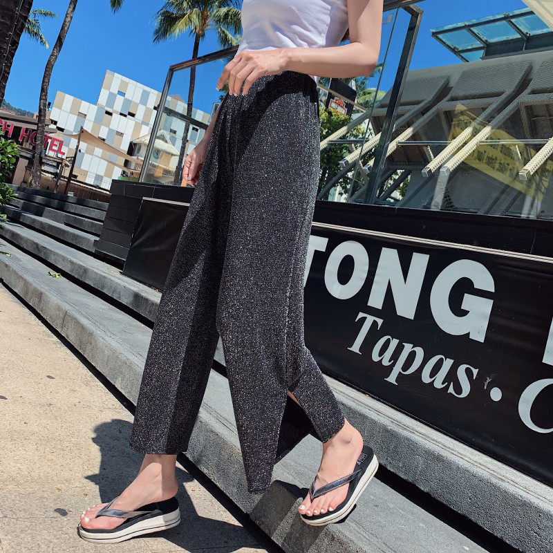 亮丝阔腿裤女春秋韩版高腰夏季宽松坠感开叉亮片垂感闪光丝裤子潮