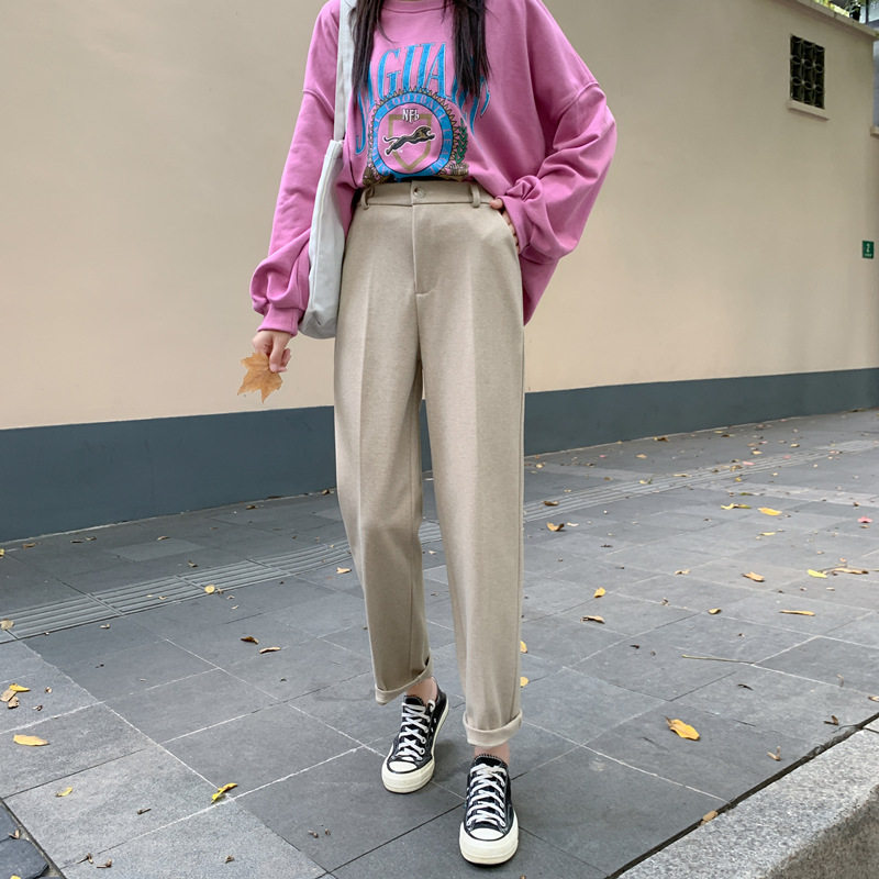 毛呢裤子女秋冬2020新款高腰显瘦直筒奶奶裤九分烟管小个子哈伦裤