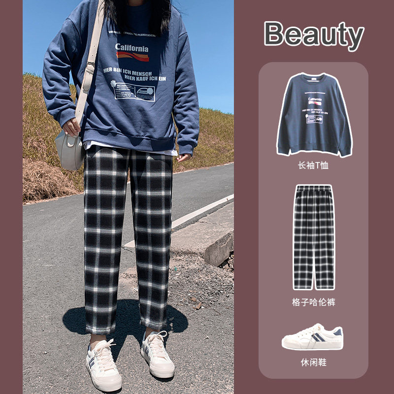 黑白格子裤女裤子2020年新款秋季高腰垂感显瘦宽松直筒九分休闲裤