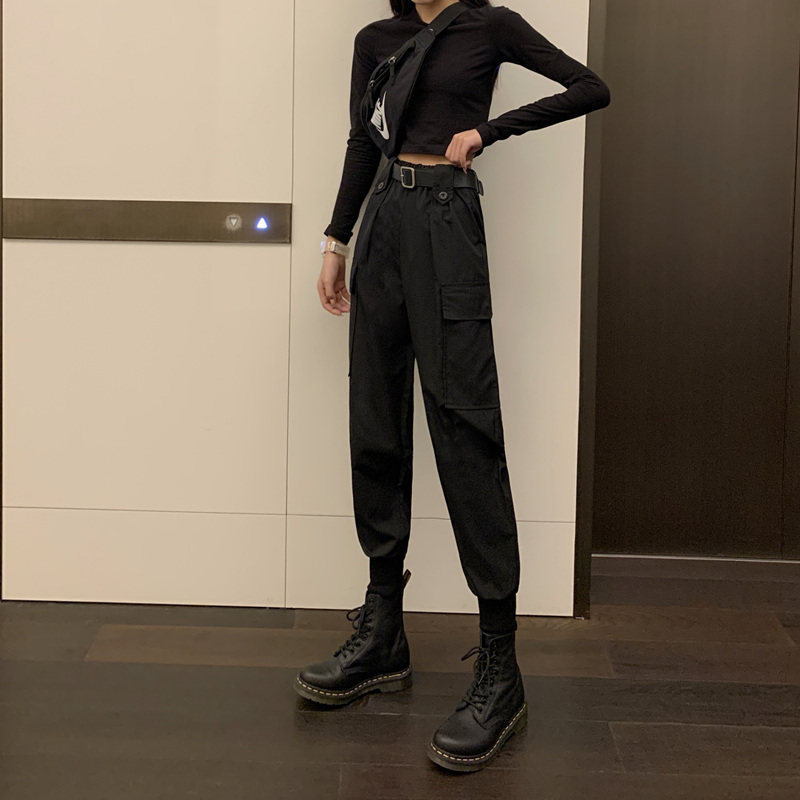 黑色工装裤女秋季2020新款高腰显瘦宽松束脚小个子百搭帅气裤子潮