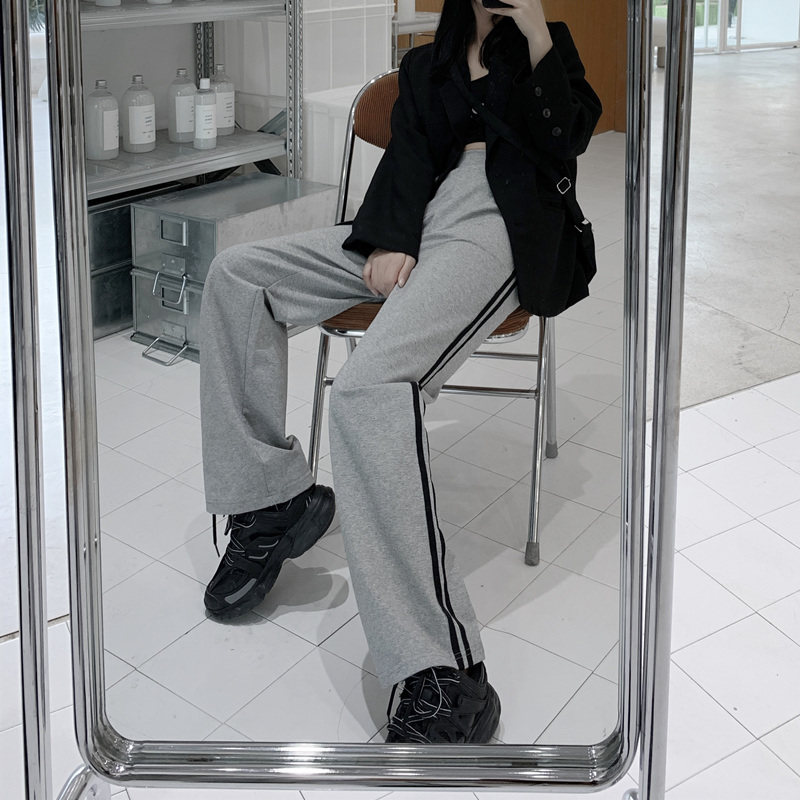 灰色拖地阔腿裤女春装2020新款高腰垂感宽松直筒学生侧条纹运动裤