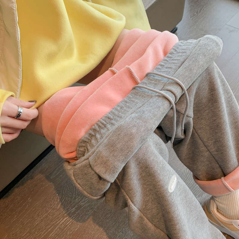 灰色运动裤女秋冬季2021新款加厚加绒外穿宽松直筒阔腿小个子卫裤