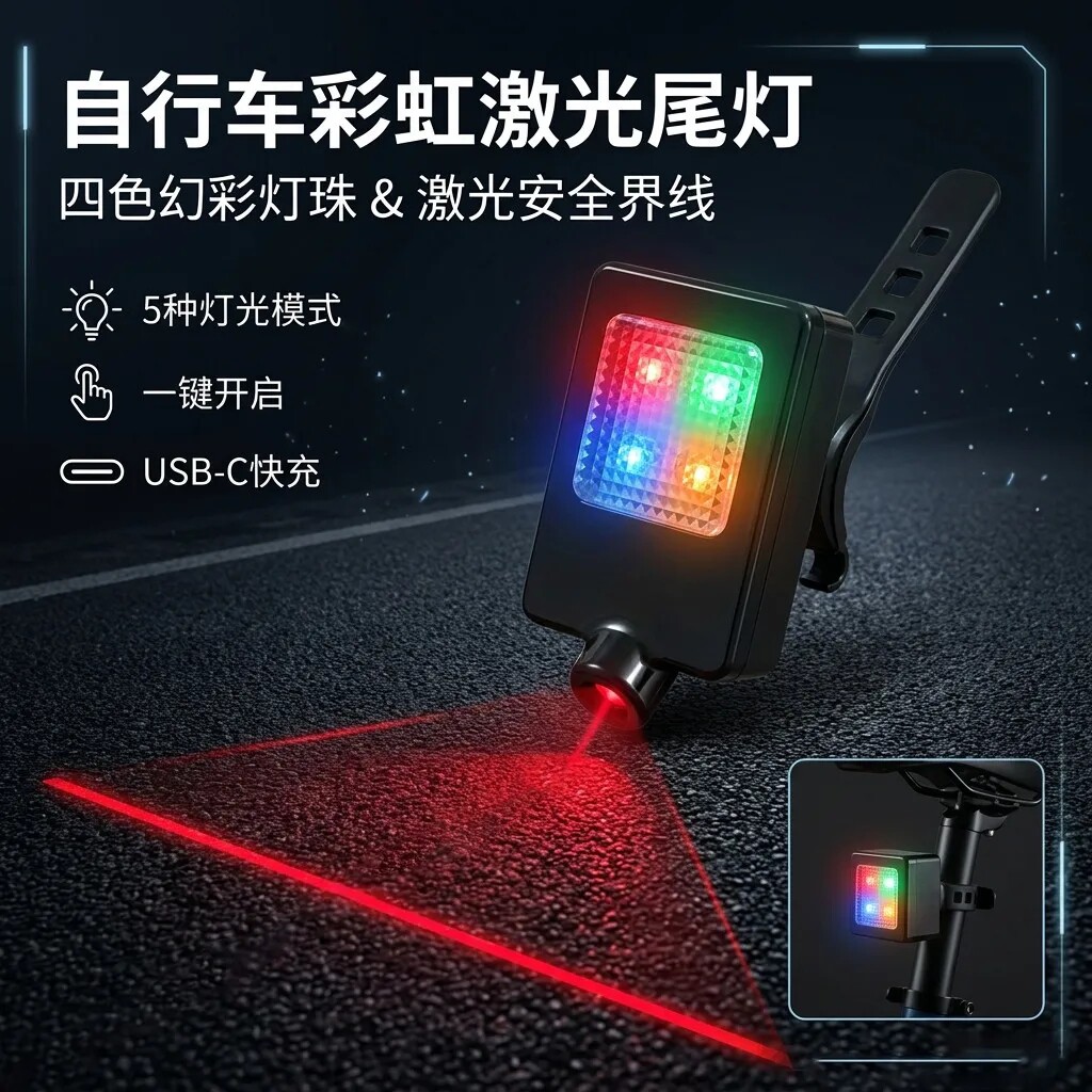 自行车快拆尾灯山地车警示4色充电长续航防水激光线自行车尾灯