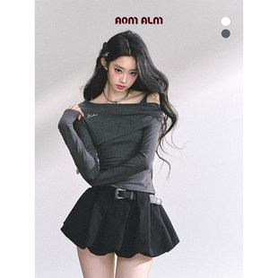 辣妹T恤女秋灰色上衣 %极简高级感正肩长袖 AOMALM少也眼 奶酥lace