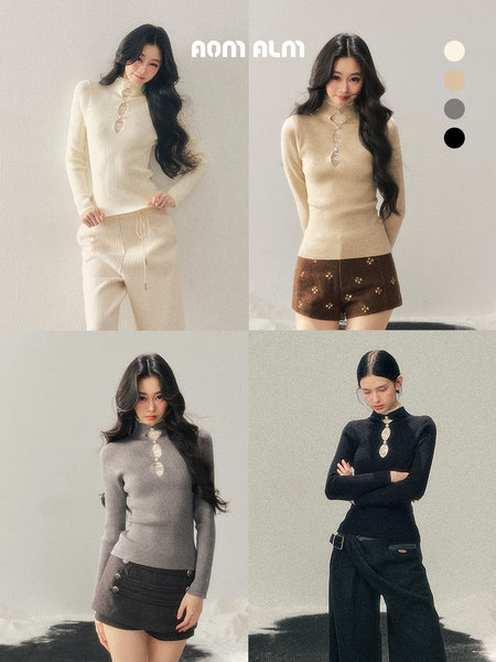 Collage of a ribbed long-sleeve knit turtleneck top worn in multiple colors