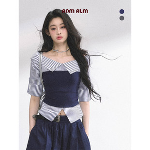 灰糖奶霜 辣妹衬衫 美式 T恤女夏季 通勤上衣 条纹短袖 AOMALM少也眼