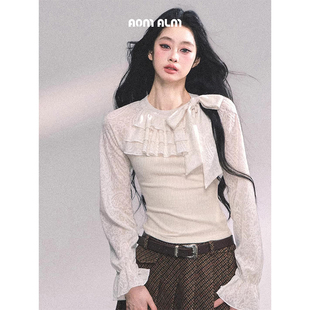 蕾丝针织T恤女秋长袖 %假两件法式 显瘦上衣 白珑月光 AOMALM少也眼