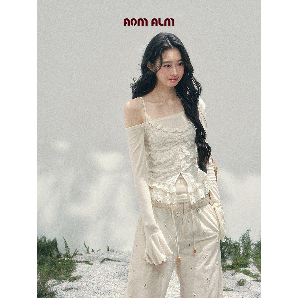 AOMALM少也眼"蕾丝漫过肩"%假两件长袖斜肩吊带T恤女春季辣妹上衣