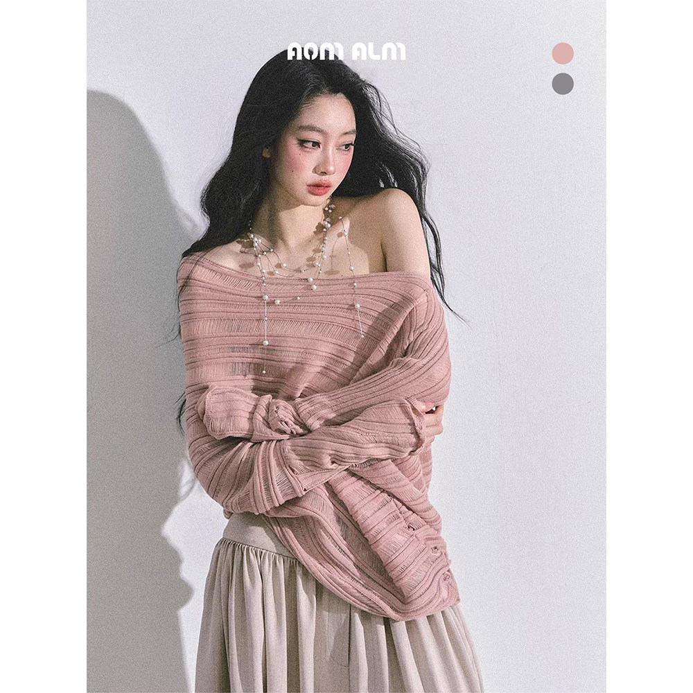 AOMALM少也眼"温柔姐姐"%法式温柔风斜肩镂空针织毛衣女秋季上衣