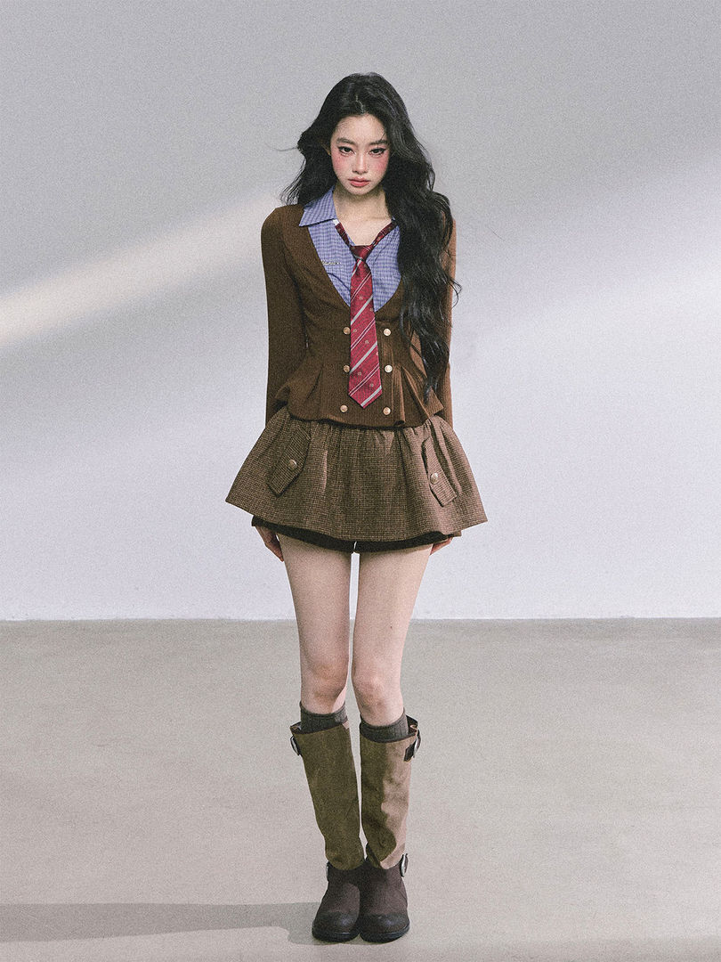 Model wearing a preppy brown layered outfit with tie, skirt, and boots