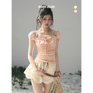 梦幻般真实 短款 %法式 蕾丝挂脖T恤女夏季 上衣 泡泡袖 AOMALM少也眼