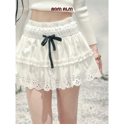 双腰头木耳边白色蓬蓬半身裙