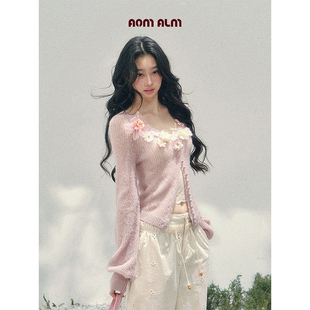 立体花朵毛衣女春季 AOMALM少也眼 针织开衫 %法式 V领上衣 春野软风