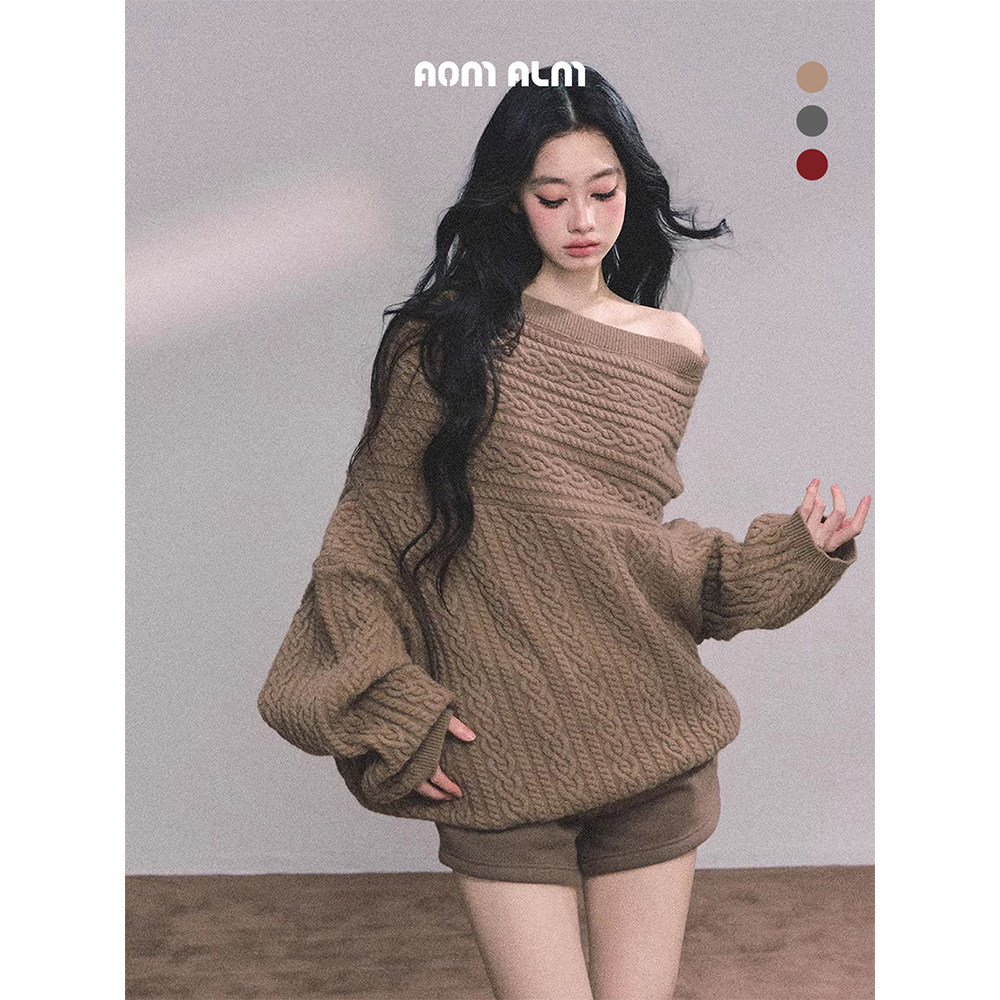 AOMALM少也眼"挪威留学生"%美式针织麻花毛衣女秋冬宽松露肩上衣