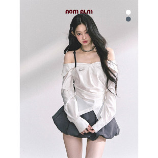 女秋季 AOMALM少也眼 防晒衬衫 %一字肩法式 通勤白色上衣 伦敦往事