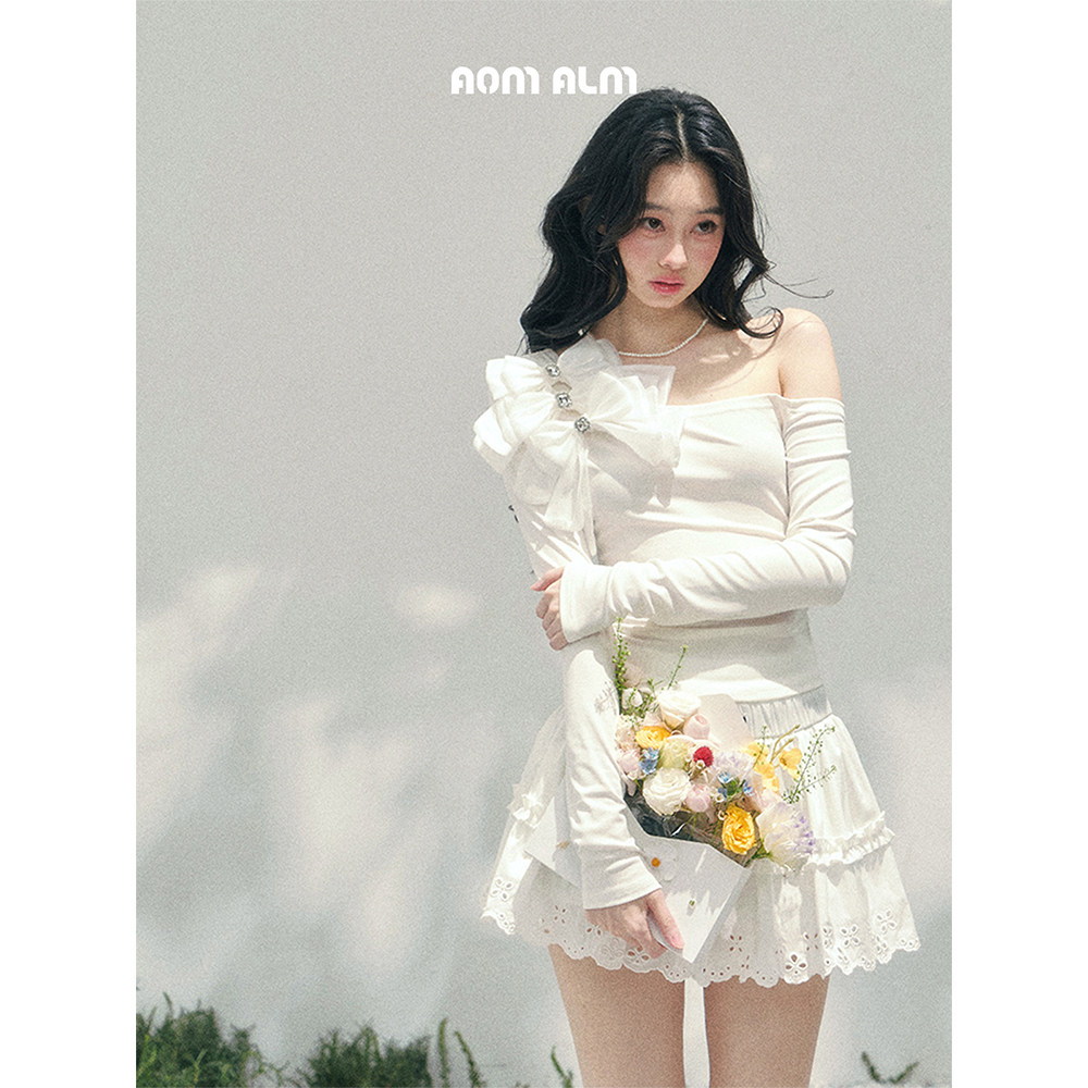 AOMALM少也眼"晨雾漫过肩"%蝴蝶结长袖露肩T恤女春季辣妹短款上衣