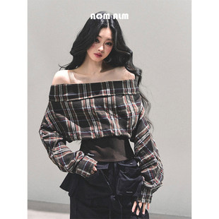 森林低语 女冬短款 %一字长袖 格子衬衫 显瘦上衣 美式 AOMALM少也眼