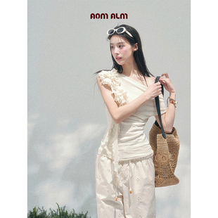 浅白 收腰短款 絮语 木耳边露肩T恤女春季 上衣 %法式 AOMALM少也眼