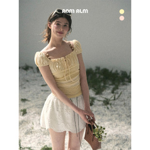 梦幻般真实 短款 %法式 蕾丝挂脖T恤女夏季 上衣 泡泡袖 AOMALM少也眼