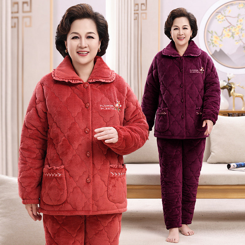 冬季中老年人睡衣女法兰绒加厚三层夹棉妈妈睡衣珊瑚绒保暖家居服,女士内衣/男士内衣/家居服,睡衣/家居服套装,淘宝优惠券,粉丝福利购,淘宝优惠卷